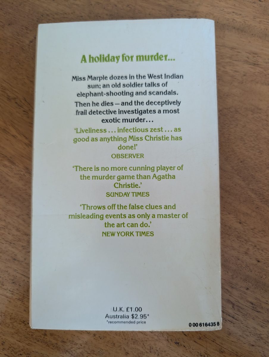 Back cover of A Caribbean Mystery, Fontana/Collins 1981, showing press quotes and £1.00 cover price