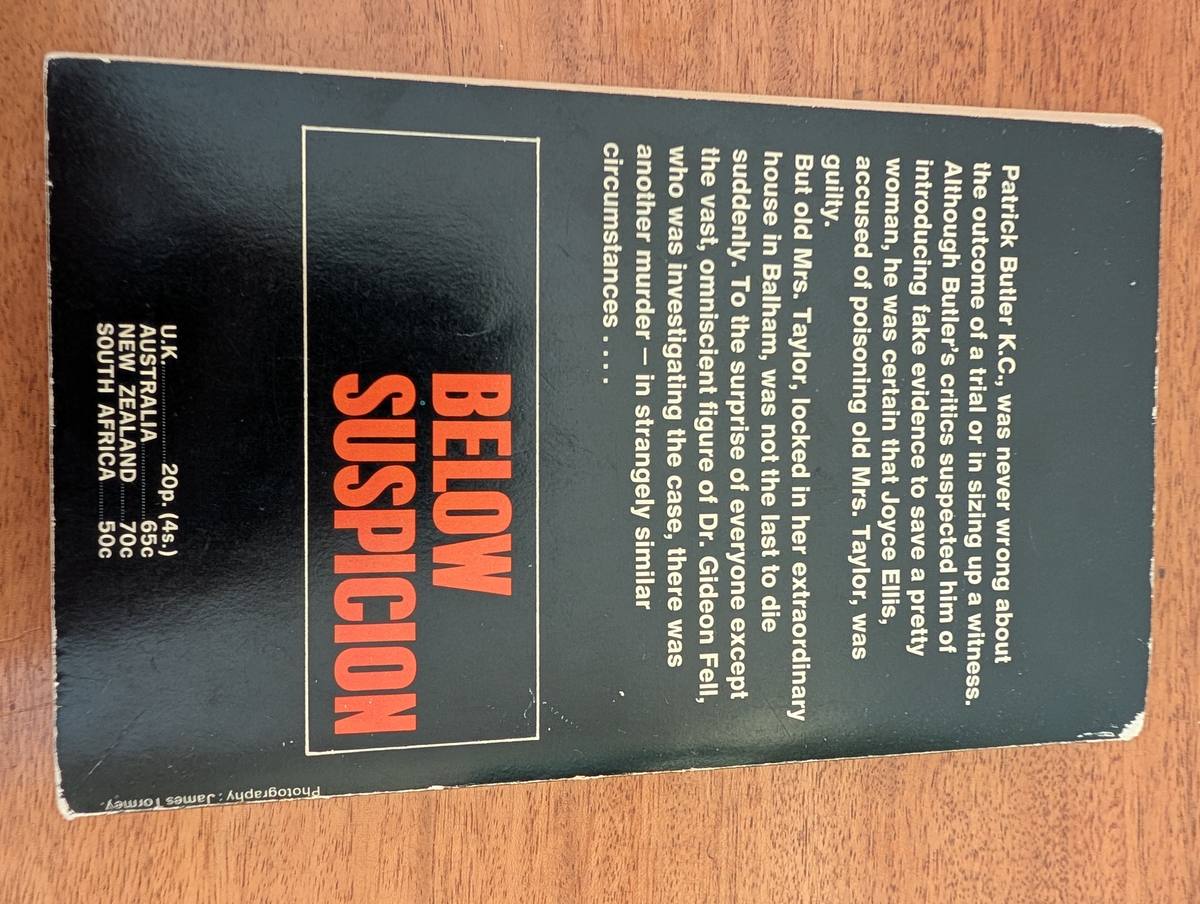 Back cover of Below Suspicion by John Dickson Carr