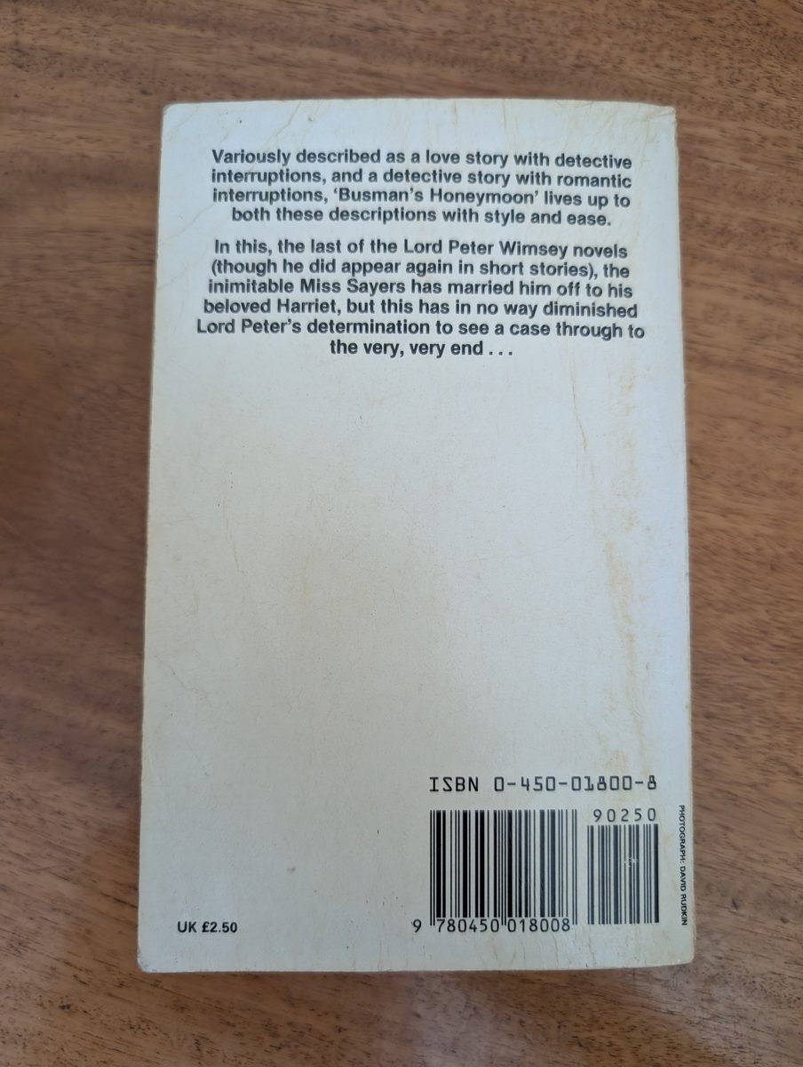 Back cover of Busman's Honeymoon - New English Library 1985 paperback