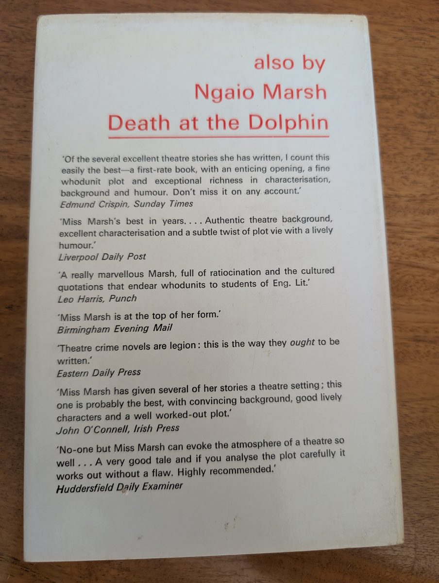 A photograph of the back cover of the 1968 first UK hardback edition of Ngaio Marsh's Clutch of Constables.