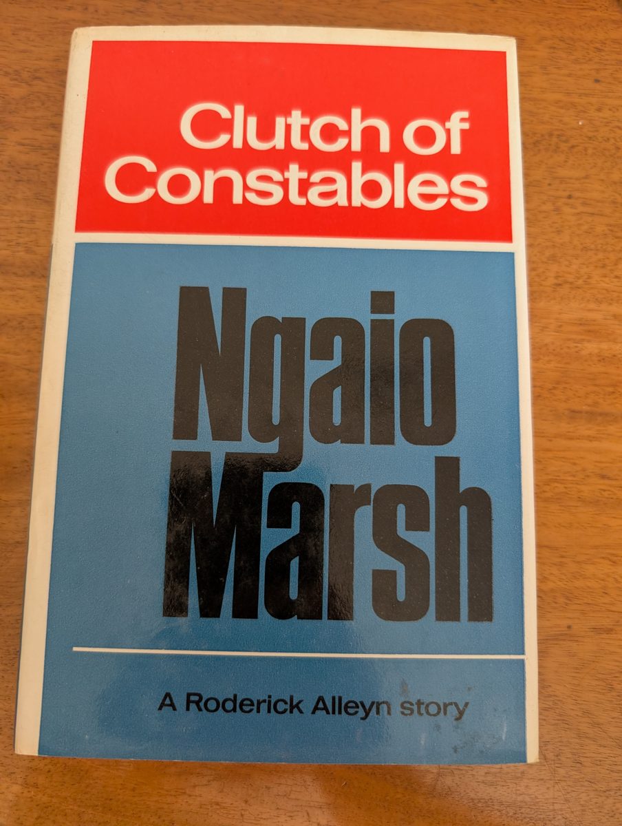 A photograph of the front cover of the 1968 first UK hardback edition of Ngaio Marsh's Clutch of Constables. It's in very good condition.