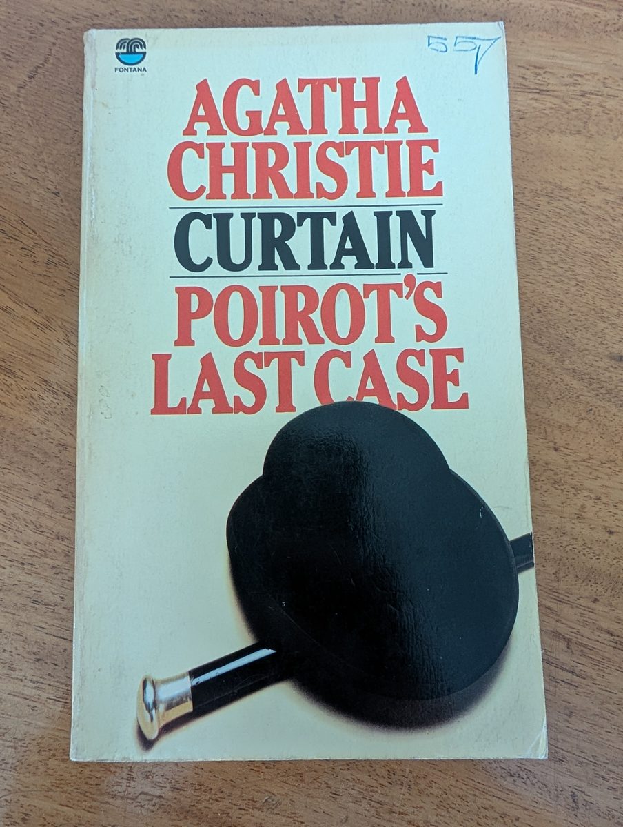 Front cover of Curtain: Poirot's Last Case by Agatha Christie - Fontana paperback 1980, cream cover with bowler hat and cane