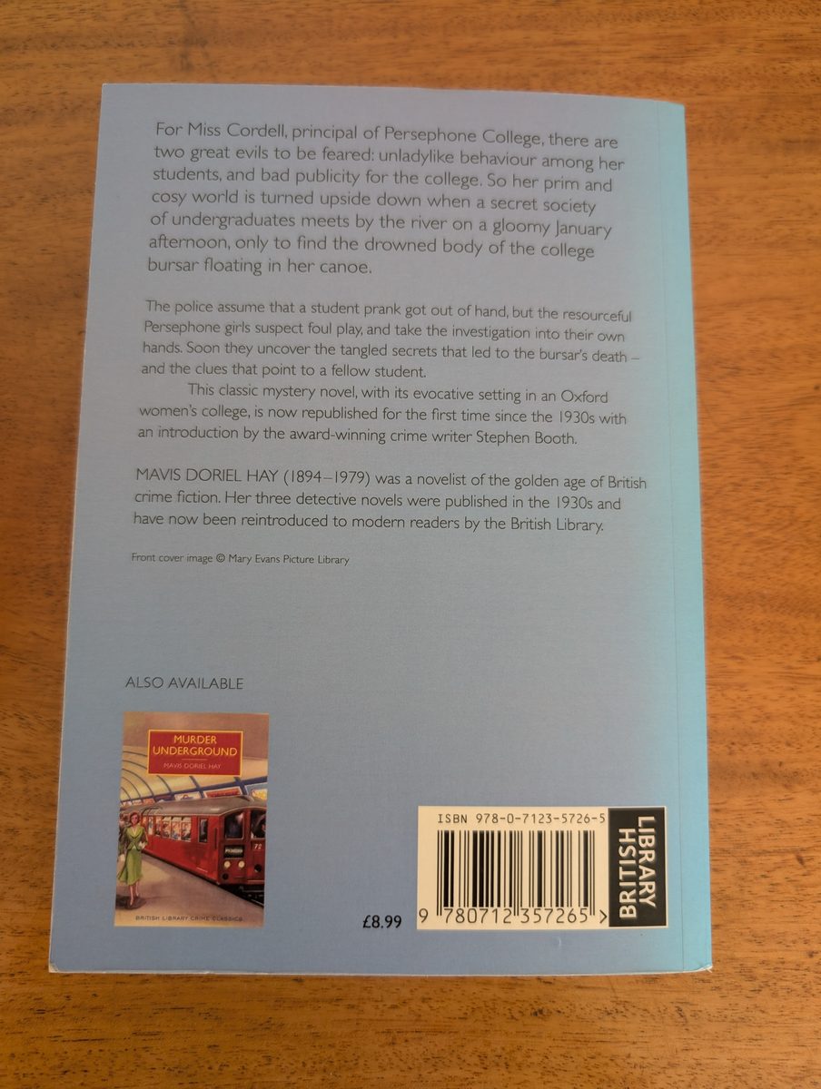 Back cover of Death on the Cherwell - British Library Crime Classics 2014 paperback