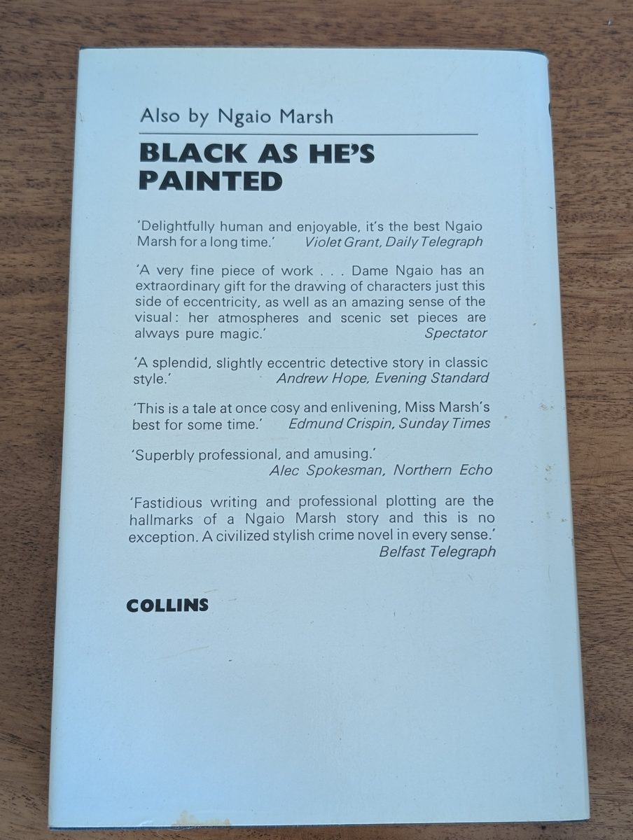 A photograph of the back cover of Ngaio Marsh's 1977 Last Ditch (the UK hardback first edition).