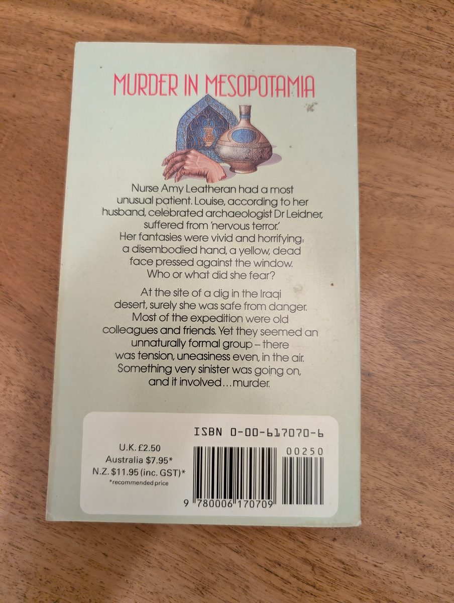Back cover of Murder in Mesopotamia - Fontana/Collins 1987 paperback