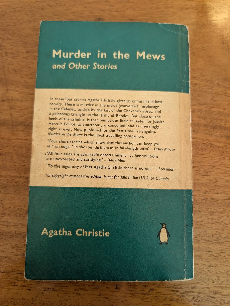 Back cover of Murder in the Mews (and Other Stories) by Agatha Christie
