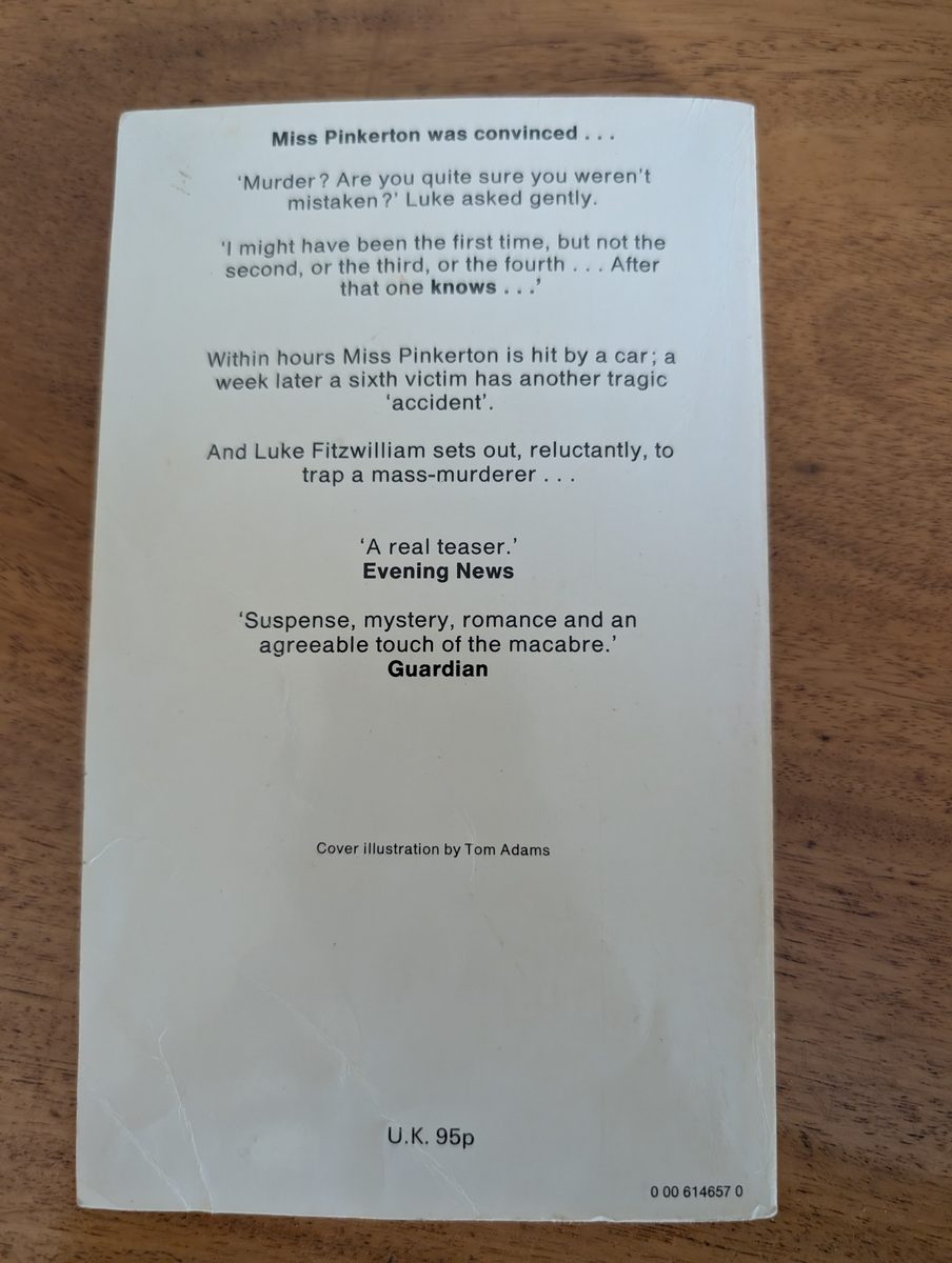 Back cover of Murder is Easy, Fontana/Collins 1981, UK price 95p. Cover illustration by Tom Adams.