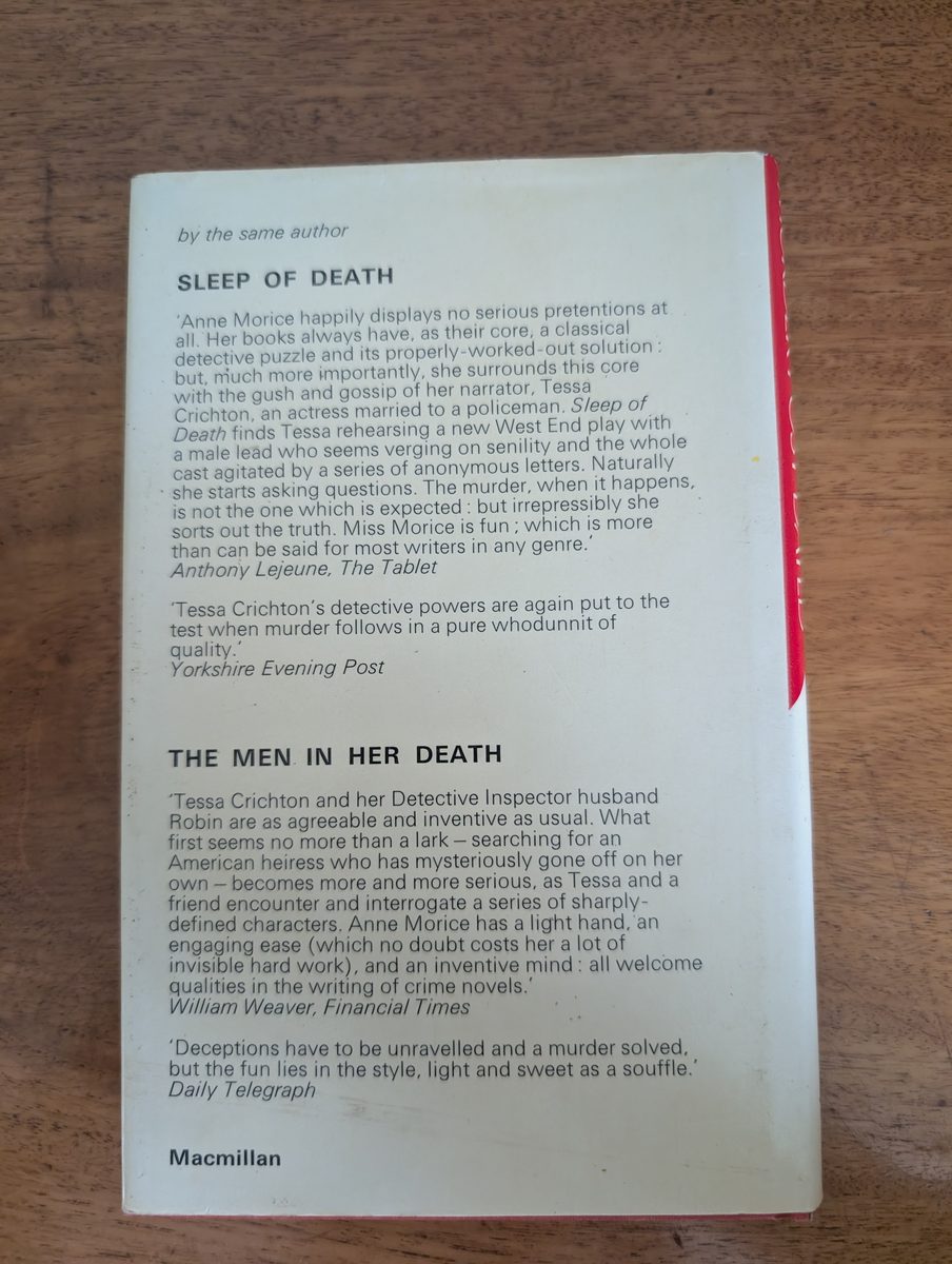 Back cover of Murder Post-Dated by Anne Morice, Macmillan 1983 hardback