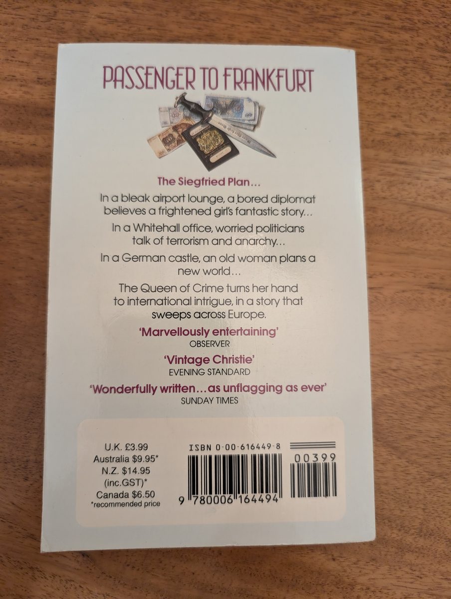 Back cover of Passenger to Frankfurt - Fontana Christie Collection paperback