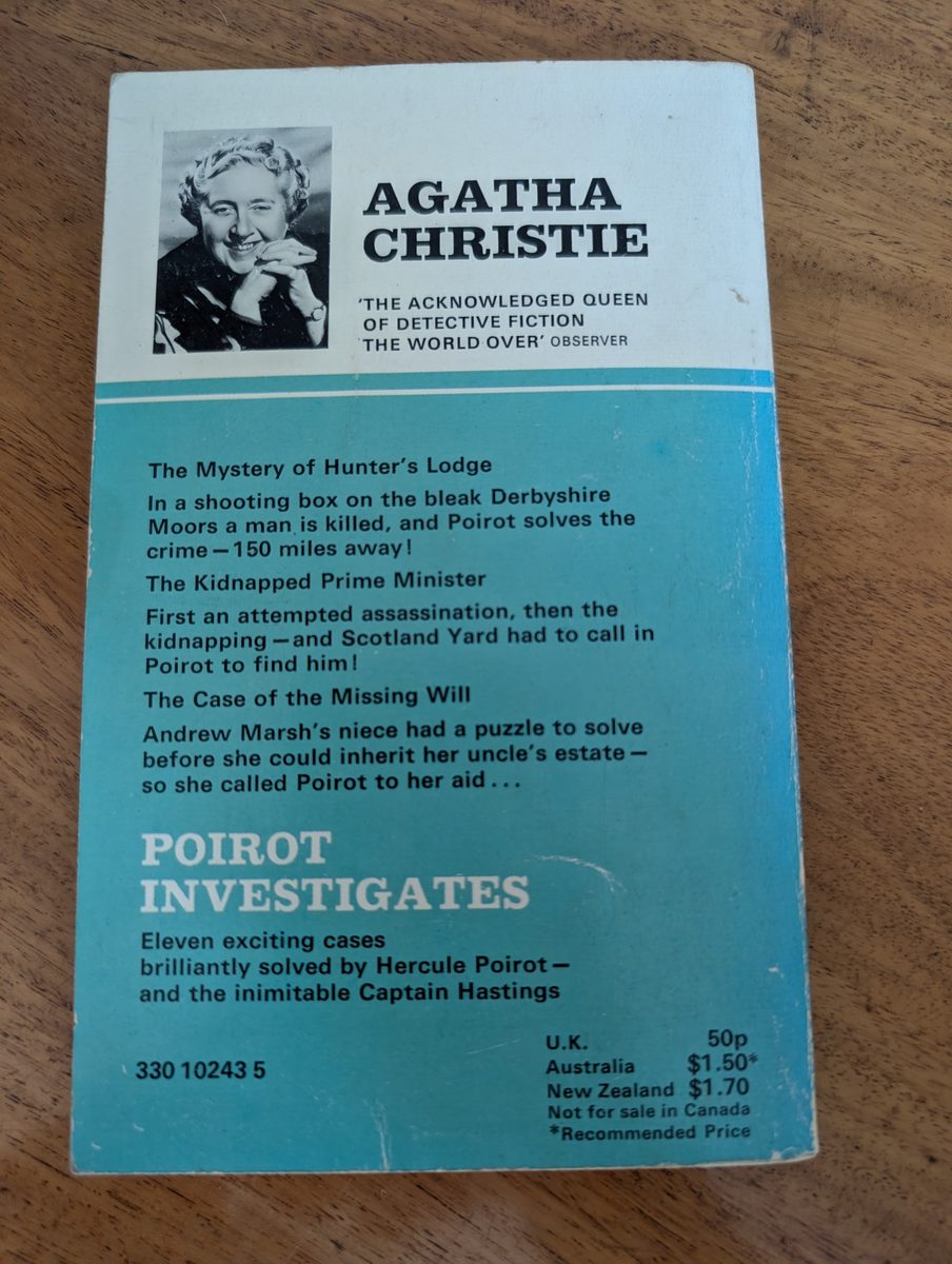Back cover of Poirot Investigates, Pan Books 1976, with story summaries and UK price of 50p