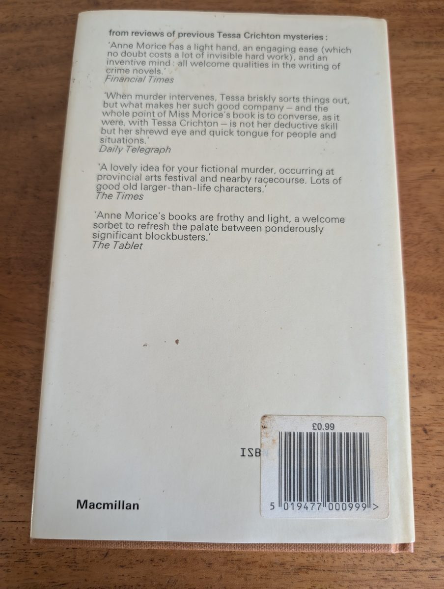 Back cover of Publish and be Killed by Anne Morice, Macmillan 1986 hardback