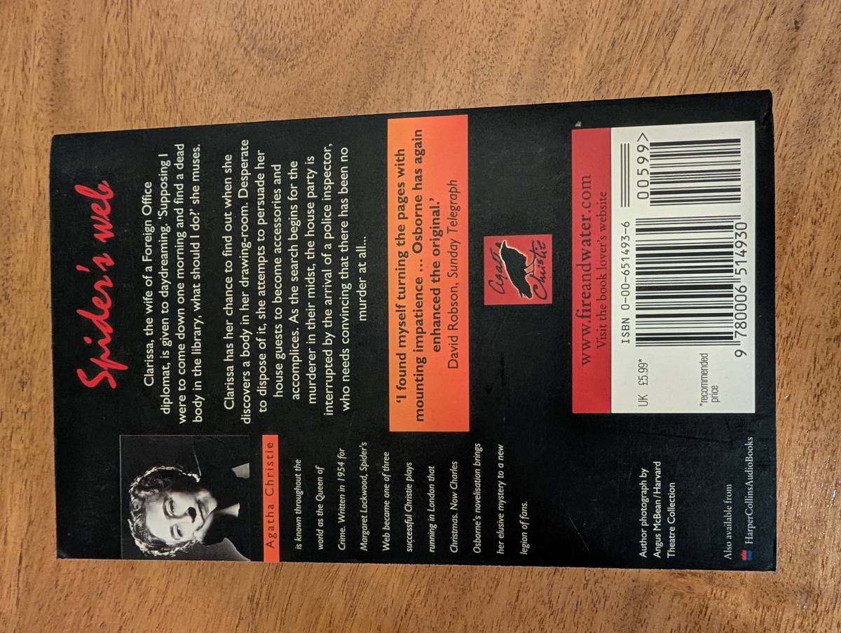 Back cover of Spider's Web - HarperCollins 2001 paperback