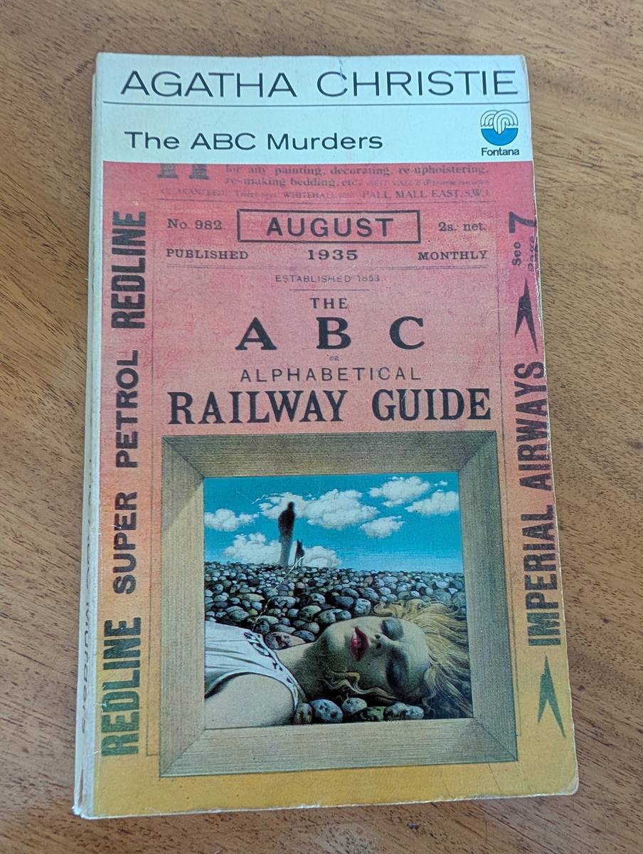 The ABC Murders by Agatha Christie - Fontana/Collins 1972 paperback, cover showing a vintage 1930s railway guide and petrol advertisements montage