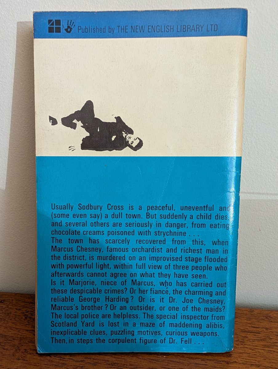 The back cover of the 1965 Four Square Edition paperback of The Black Spectacles by John Dickson Carr. The cream upper half carries a plot synopsis in black text; the blue lower half carries a continuation of the blurb. 'Published by THE NEW ENGLISH LIBRARY LTD' appears at the top with the Four Square Crime Book logo.
