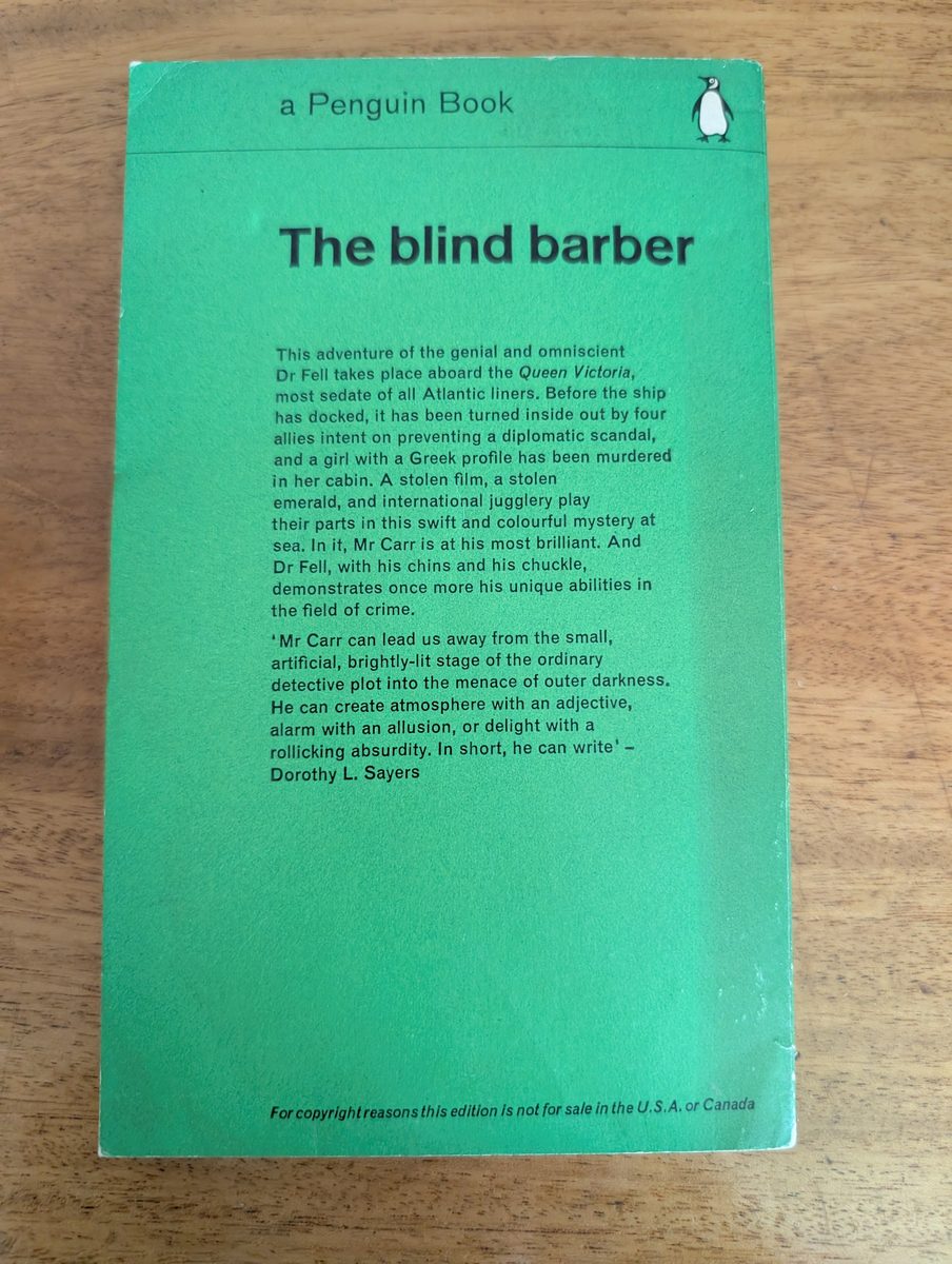 Back cover of The Blind Barber - Penguin 1963 paperback