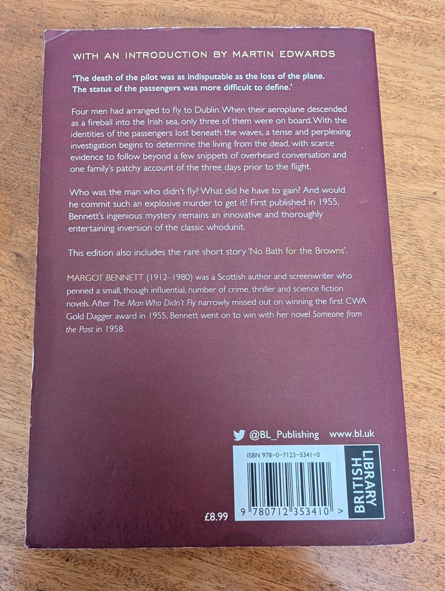 The back cover of the 2020 British Library Crime Classics paperback of The Man Who Didn't Fly by Margot Bennett. The deep plum background carries a pull quote, a plot synopsis, a biographical note on Bennett, and an ISBN barcode. Priced at £8.99.