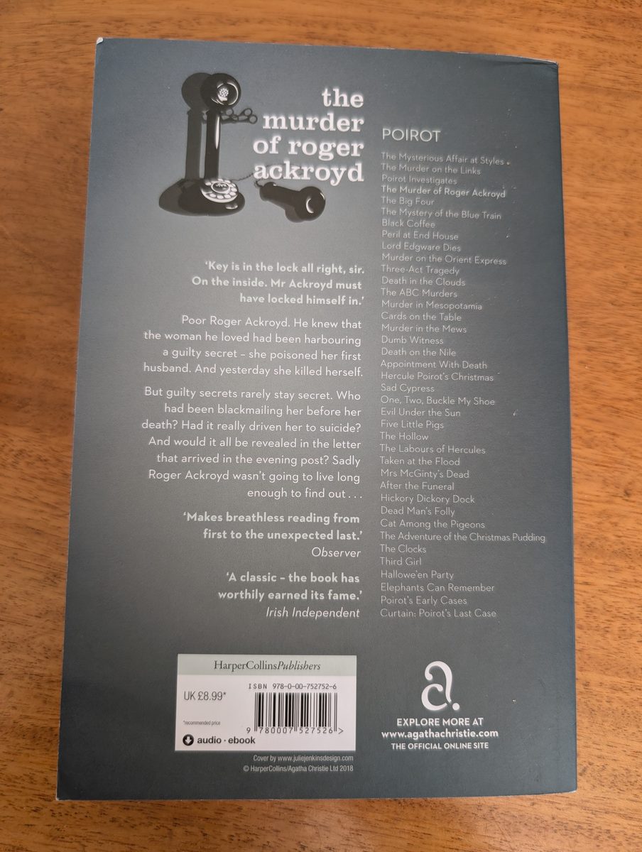 Back cover of The Murder of Roger Ackroyd - HarperCollins 2013 paperback