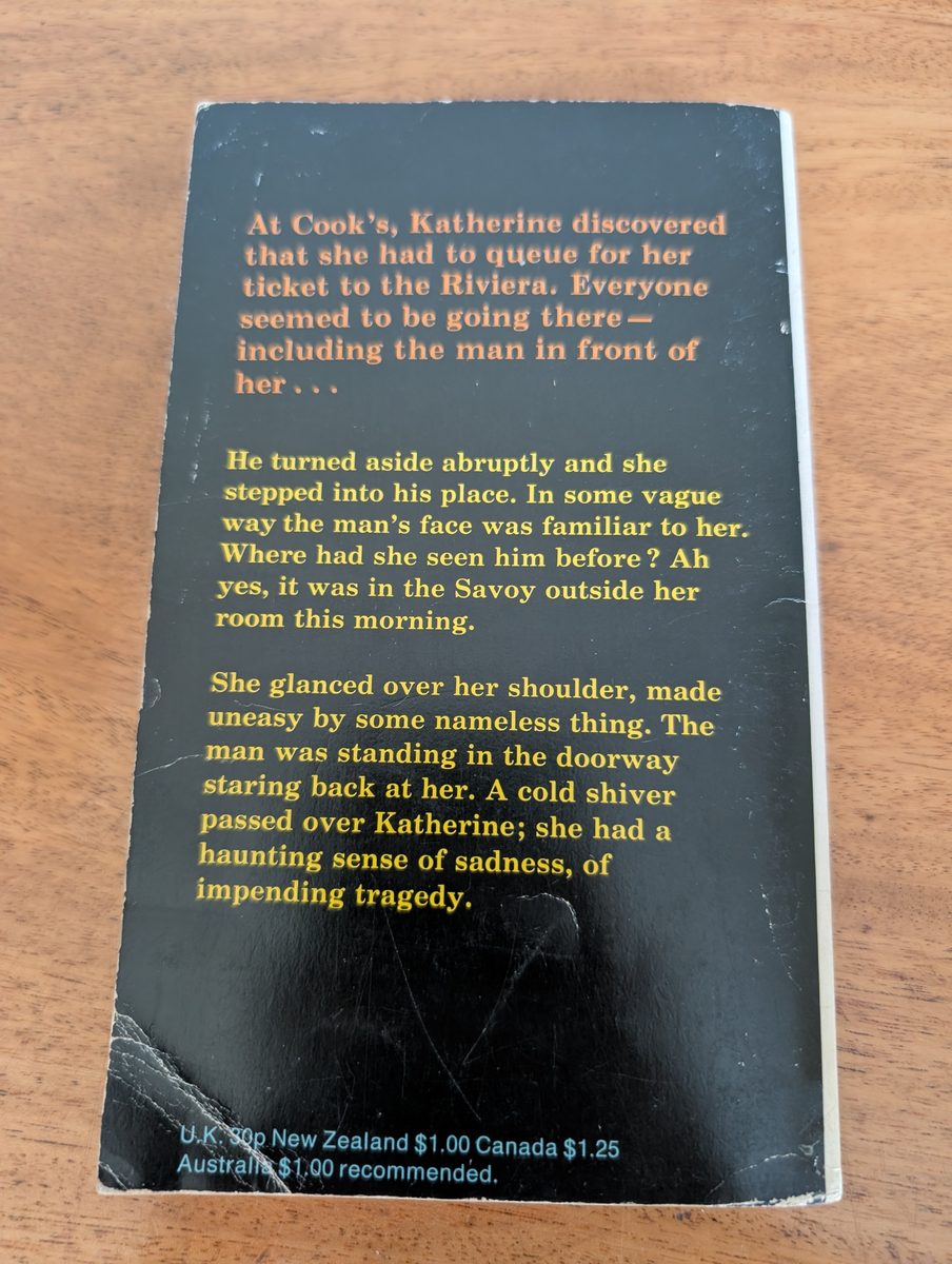 Back cover of The Mystery of the Blue Train, Fontana/Collins 1972, with blurb and UK price of 50p