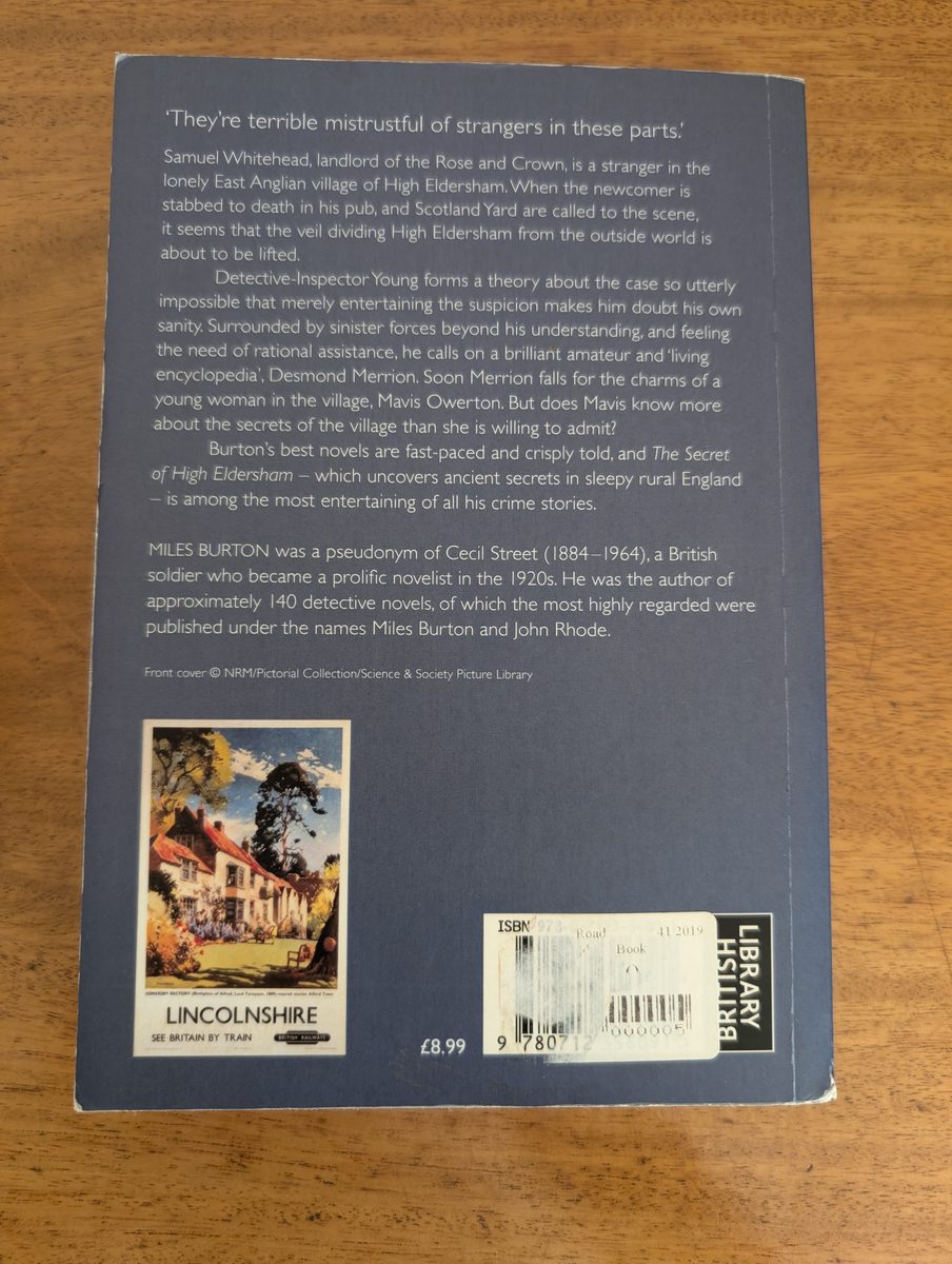 Back cover of The Secret of High Eldersham - British Library Crime Classics 2016 paperback