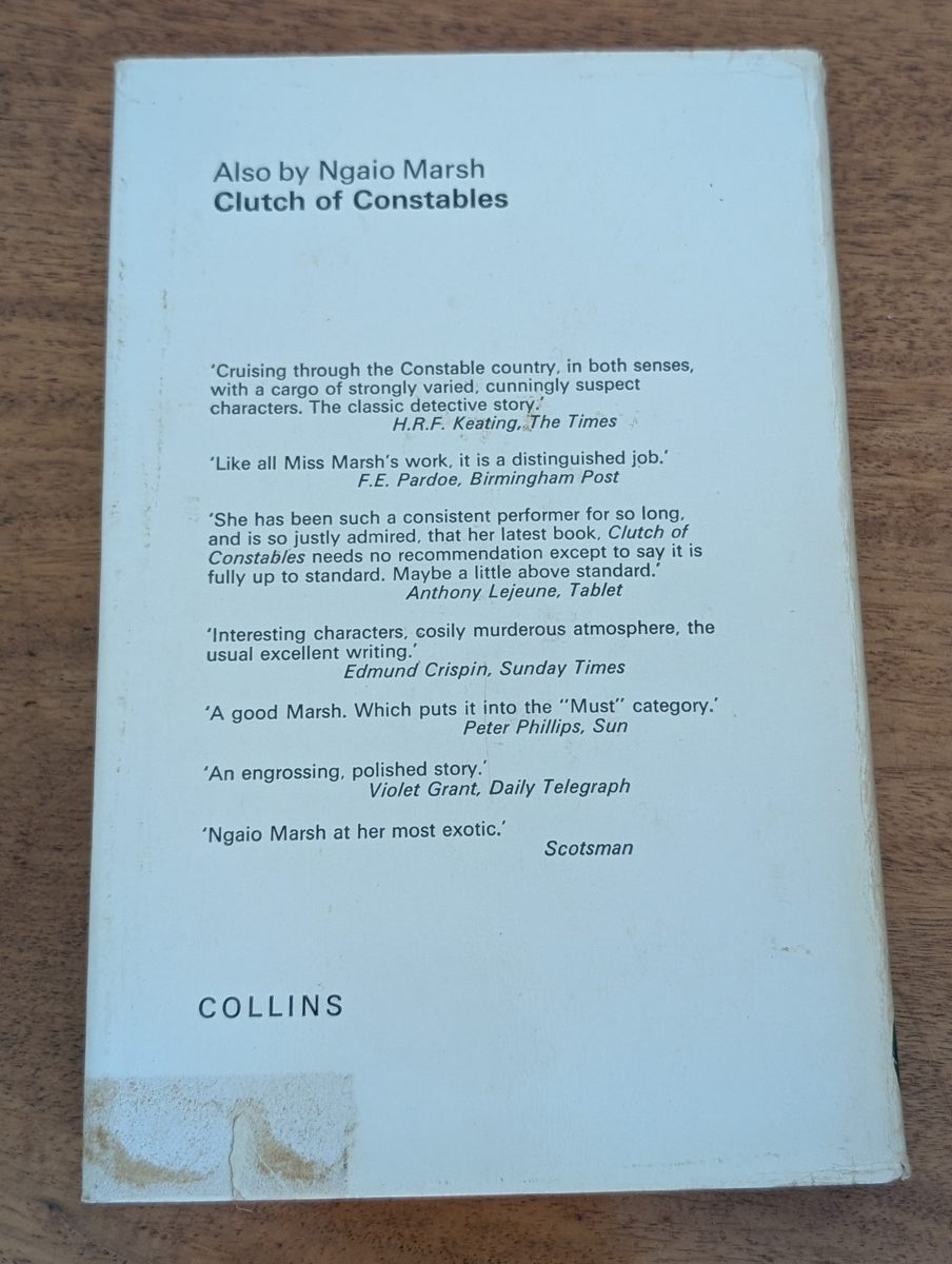 A photograph of the back cover of the first UK hardback edition of Ngaio Marsh's When In Rome, published in 1970.