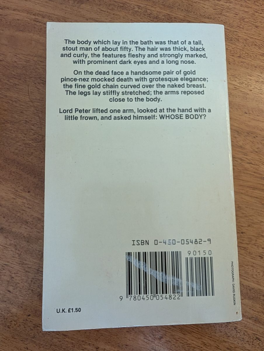 Back cover of Whose Body? by Dorothy L. Sayers